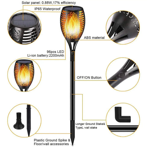 Outdoor Solar Flame Torch Lights Waterproof Mood Lighting For Pathway Patio Yard Garden With Auto Dusk To Dawn On Off 96 LED Flame Effect features
