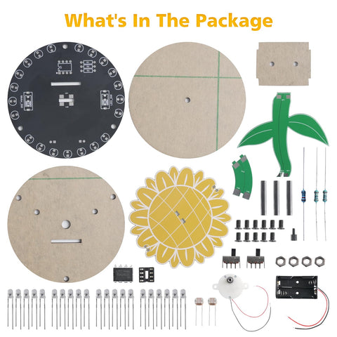 Components of the Light Chasing Sunflower Soldering Kit With RGB LED Flashing Lights, A DIY Rotating Sunflower Electronics Project