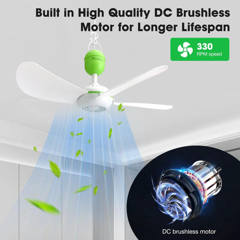 17 Inch USB Ceiling Fan For Camping And Outdoor Use Portable Tent Gazebo RV Cruise With On Off Button And 13.2 Foot Cord