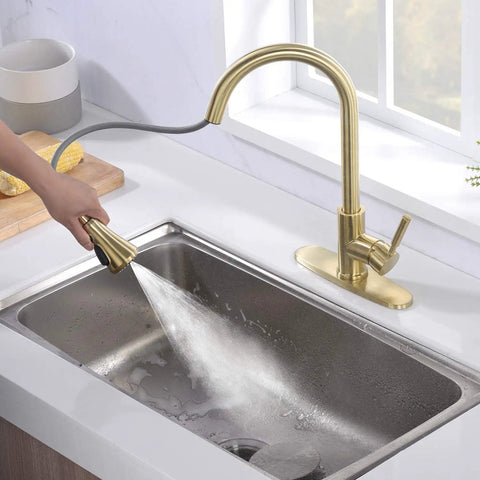Gold Kitchen Faucet With Pull Out Sprayer, Single Handle, 3 Hole Install in use over stainless steel sink