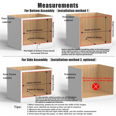 Slick Prebuilt 32 Inch Wide Pull Out Cabinet Drawer With Smooth Soft Close Slide Action Premium Durable Wood Organizer installation measurement guide.