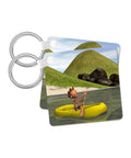 Cartoon Man On Ocean Rowing Inflatable Raft Key Chains Set Of 6 Built Tough Plastic High Gloss Finish Double Sided Print Multicolor