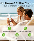 Couple enjoying beach while managing Slick Palm Vein Smart Door Lock With Built In Wifi And Keyless Entry For The Front Door via smartphone.