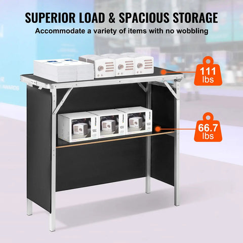 Foldable Portable Bar Table For Indoor And Outdoor Events With Carrying Case Storage Shelf And Black Skirt Tradeshow Podium 38.39 Inch By 15.16 Inch By 34.25 Inch Aluminum And MDF Build Party Ready Setup Holds Up To 111 Lbs, showing storage levels.