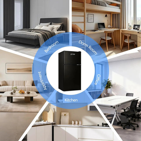 Straight Up Game Changer 3.2 Cubic Foot Mini Fridge With Separate Freezer in stylish settings for dorms, apartments, and offices.