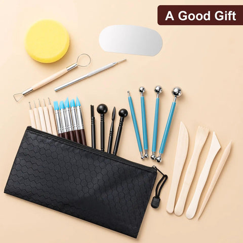 27 Piece Clay Tools Kit For Polymer And Air Dry Clay Fans displayed with zipper bag and various tools on a beige background.
