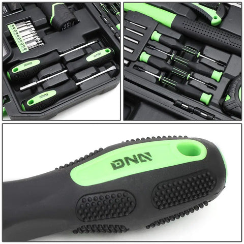 Close-up of Starter Cordless Drill Kit With 27 Pieces, 12V 1300mAh Power Drill And Driver Set, green textured handle, case details