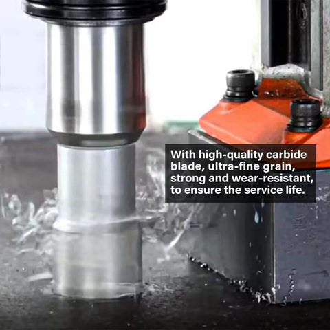 Annular cutter, 1-1/2 in diameter with Weldon shank, mounted in magnetic drill press cutting metal