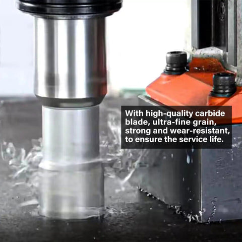 Kickass Hss Annular Cutter Set Weldon Shank Magnetic Drill Press Core Drill Bits cutting through metal with coolant spray.