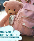 Pink backpack and plush teddy bear with a small patterned pouch attached.