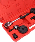 Heavy Duty Knockout Hole Punch Driver Kit with six sizes, manual ratchet tool in red portable box for metal sheet punching clean holes.