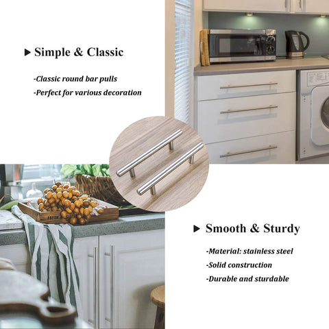 Collage of kitchen showing 25 Pack Solid Stainless Steel Cabinet Pulls Satin Nickel Euro Style T Bar Handles installed.