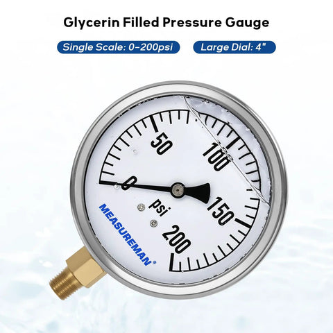 Glycerin Filled Plumbing Pressure Gauge 0 To 200 Psi With Four Inch Dial Stainless Steel Case One Quarter Inch NPT Brass Lower Mount Heavy Duty For Pneumatic Tools Water Filtration And Industrial Hydraulics