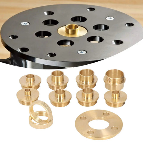 Top Tier Brass Router Guide Kit features eight precision brass bushings and dual lock nuts for accurate router cuts.