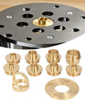 Pro Grade Brass Router Template Bushing Guide Kit eight brass bushings and nut adapter on a black base for woodworking.