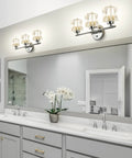 Three Light Crystal Vanity Bathroom Light Fixture, 16 Inch Chrome Over Mirror, enhancing modern bathroom décor.