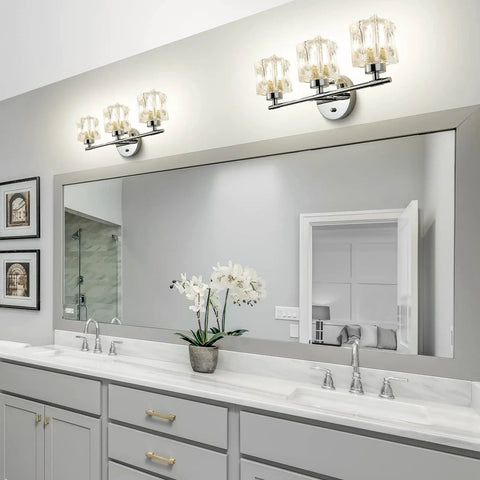 Three Light Crystal Vanity Bathroom Light Fixture, 16 Inch Chrome Over Mirror, enhancing modern bathroom décor.