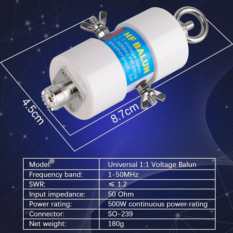 1.8 To 50 MHz Pro Grade High Power Balun For Dipole Antennas, 500W 1:1 Voltage Balun with UHF Connector, product dimensions