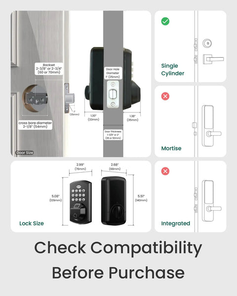 Diagram showing A100F Keypad Fingerprint Door Lock With Keyless Entry compatibility and dimensions