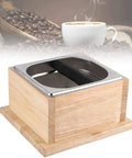 Top Shelf Stainless Steel Coffee Knock Box With Solid Wood Base for easy coffee grounds disposal during espresso rituals.