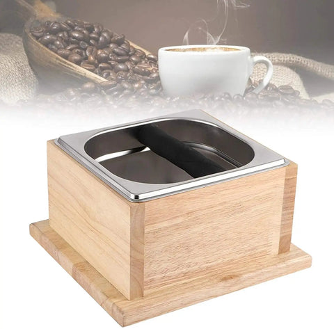 Top Shelf Stainless Steel Coffee Knock Box With Solid Wood Base for easy coffee grounds disposal during espresso rituals.
