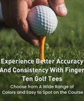 Close-up of hand placing golf ball on orange Durable Plastic Golf Tees 200 Count Step Down Set With Mixed Heights And Bright Multicolor Finish For Practice Tee Box High Visibility Unbreakable Construction.