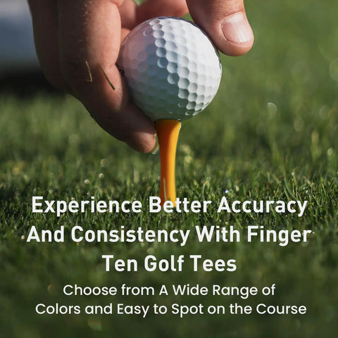 Close-up of hand placing golf ball on orange Durable Plastic Golf Tees 200 Count Step Down Set With Mixed Heights And Bright Multicolor Finish For Practice Tee Box High Visibility Unbreakable Construction.