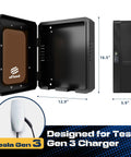 Lockable Outdoor EV Charger Enclosure With Heavy Duty Metal Wall Case For Tesla Connector And ChargePoint Unit in matte black, dimensions shown.