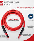 Reliable Workhorse Lightweight Hybrid Air Compressor Hose 3/8 Inch By 10 Feet with durable red tubing and quick connect couplers.