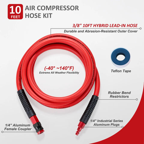 Reliable Workhorse Lightweight Hybrid Air Compressor Hose 3/8 Inch By 10 Feet with durable red tubing and quick connect couplers.