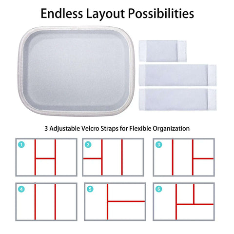 Slick Hardshell Tech Organizer Travel Case With Adjustable Padded Dividers, showing a grey case and adjustable straps for organization.