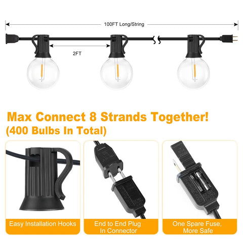 200ft Outdoor G40 LED Globe String Lights With 103 Bulbs, Dimmable featuring easy installation hooks and connector for 8 strands
