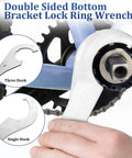 Double sided lockring wrench in use on bicycle bottom bracket with inset of single and three hook designs. Silver steel tool.