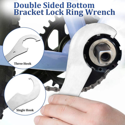 Double sided lockring wrench in use on bicycle bottom bracket with inset of single and three hook designs. Silver steel tool.