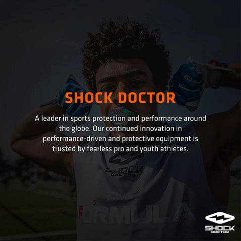 Athlete wearing Shock Doctor gear, showcasing sports protection and performance innovation on a dark background.