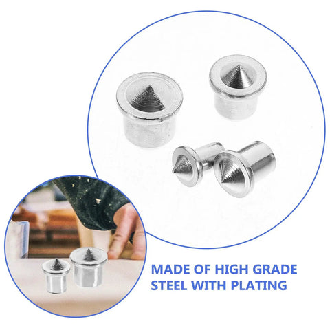 Dowel Center Transfer Plugs Set Handy Steel Tenon Center Pins for Woodworking Accurate Marking in 6mm size, shown in action close-up.