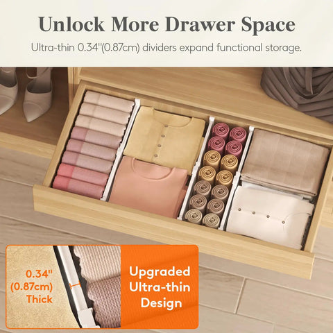 Straight Up Tall 3.2 Inch Adjustable Drawer Dividers For Clothes Heavy Duty Abs Plastic Closet Organizers With Non Slip Silicone Pads Keep Your Garments Snug And Scratch Free showing organized drawer with clothes and ultra-thin dividers.