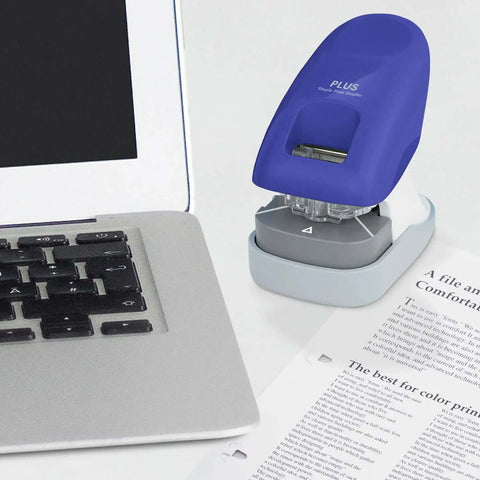 Desktop Staple Free Stapler That Zips Through Up To 10 Pages Without Staples Bright Blue Finish next to a laptop on a desk