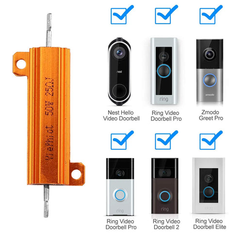 Two Pack 50 Watt 25 Ohm Wirewound Resistors For Smart Doorbell Voltage Drop Hack Compatible With Ring Nest Hello Skybell Aluminum Chassis Mount Easy Plug And Play Hardware next to compatible doorbell models.