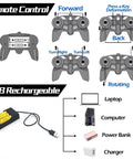 Diagram of 2.4GHz remote and USB charging for 2 In 1 Transform RC Car Robot With Lights, 1:18 Scale, showing control functions.