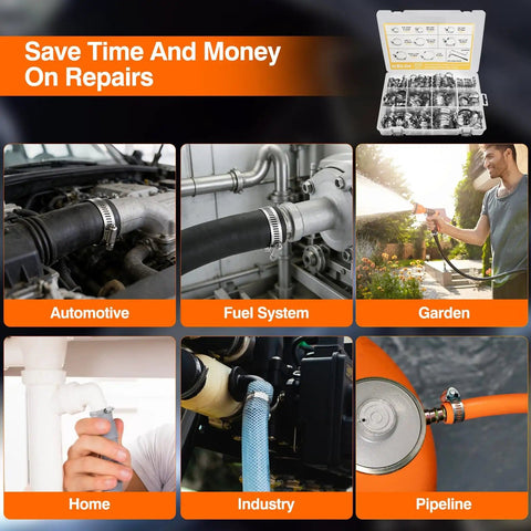 All-In-One 202 Piece Stainless Steel Hose Clamp Kit in use for automotive, fuel system, garden, home, industry, and pipeline applications.