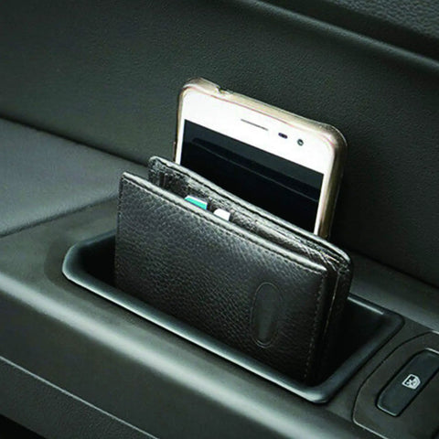 Volkswagen Atlas 4 Piece Armrest Door Storage Organizer Box Tray Handle Set with phone and wallet in tray, matte finish
