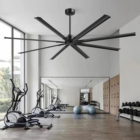 96 Inch Industrial Ceiling Fan With DC Motor, 6 Speeds Reversible, 8 Aluminum Blades, installed in a modern gymnasium