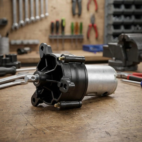 Close-up of a Portable Hand Crank Generator For Camping And Emergencies, Real Manual Wind Power Supply on a workbench.