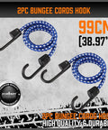 2PC Bungee Cords Hook 99cm with blue elastic webbing, ideal for securing cargo and light transportation.