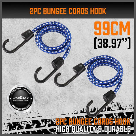 2PC Bungee Cords Hook 99cm with blue elastic webbing, ideal for securing cargo and light transportation.