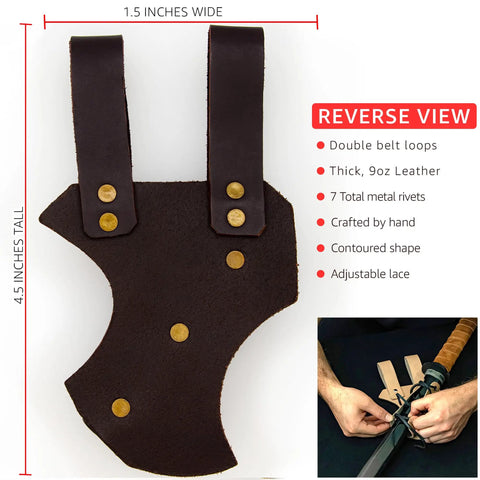 Reverse view of Left Handed Medieval Renaissance Leather Sword Frog For Longsword And Shortsword Holster Genuine Cowhide Deep Brown Finish