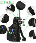 Compact Fishing Sling Bag With Rod Holder And Tackle Storage Water Resistant Nylon Crossbody Pack with detail shots of straps and pockets