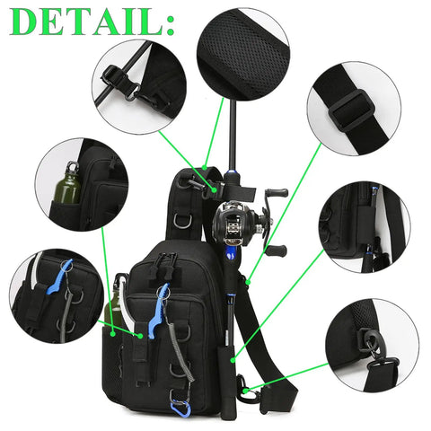 Compact Fishing Sling Bag With Rod Holder And Tackle Storage Water Resistant Nylon Crossbody Pack with detail shots of straps and pockets