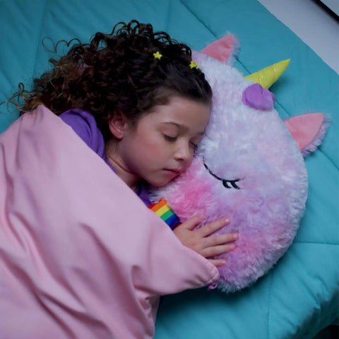 Child sleeping with Rainbow Unicorn 2-In-1 Pillow and Sleep Sack, Cozy Nap Buddy for Travel and Sleepovers, Lightweight 54x20 Play Pillow